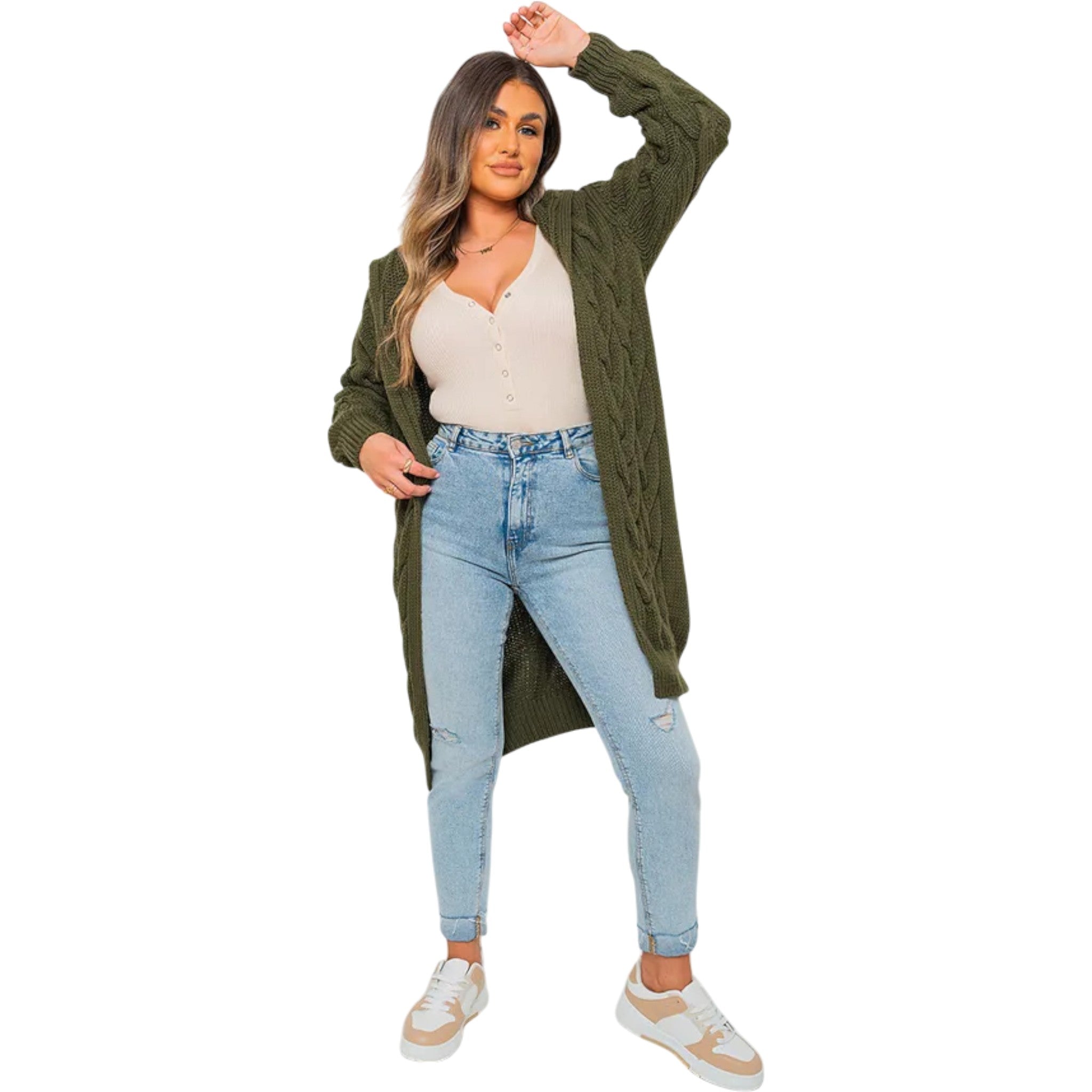 Ladies Italian Khaki cable knit open-front longline cardigan for women